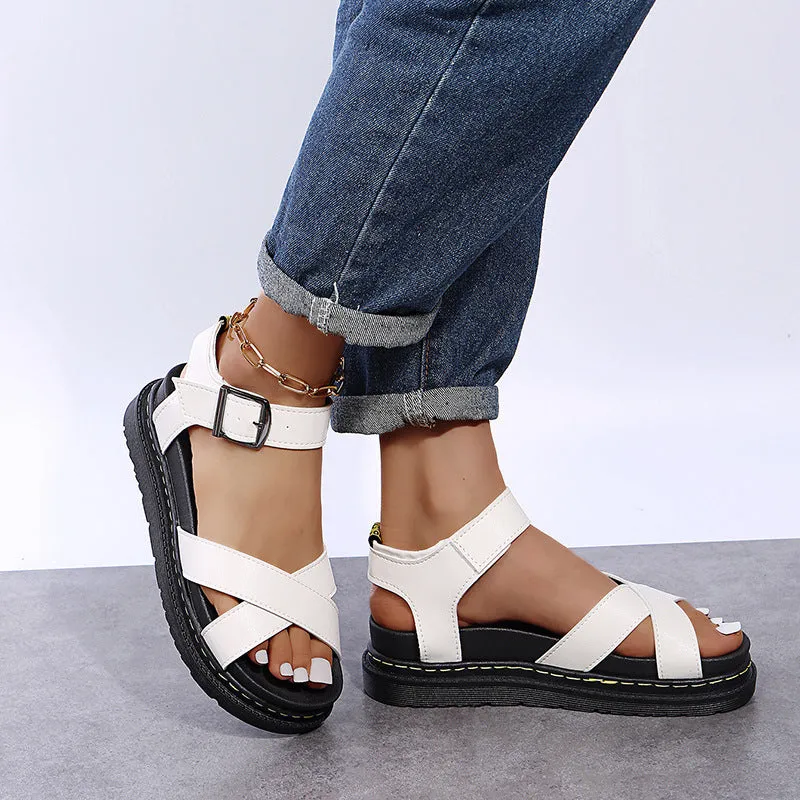 2024 New Cross-border Plus Size Summer Women's Sandals Thick Sole Exposed Finger Fashion Fashion Beach Roman Shoes