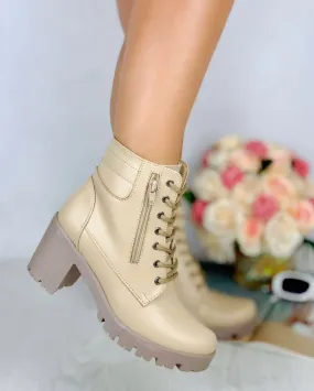 Beige Block Heel Lace-Up Boots