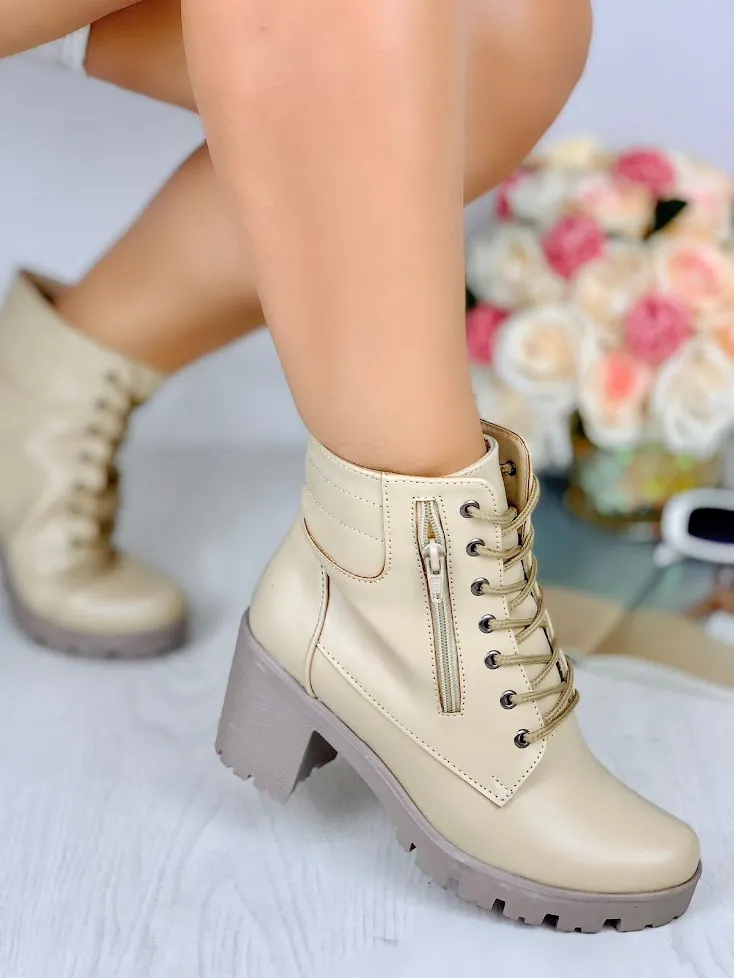 Beige Block Heel Lace-Up Boots