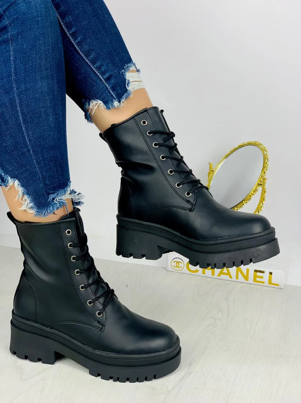 Black Lace-Up Ankle Boots Chunky Platform Sole