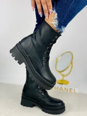 Black Lace-Up Ankle Boots Chunky Platform Sole