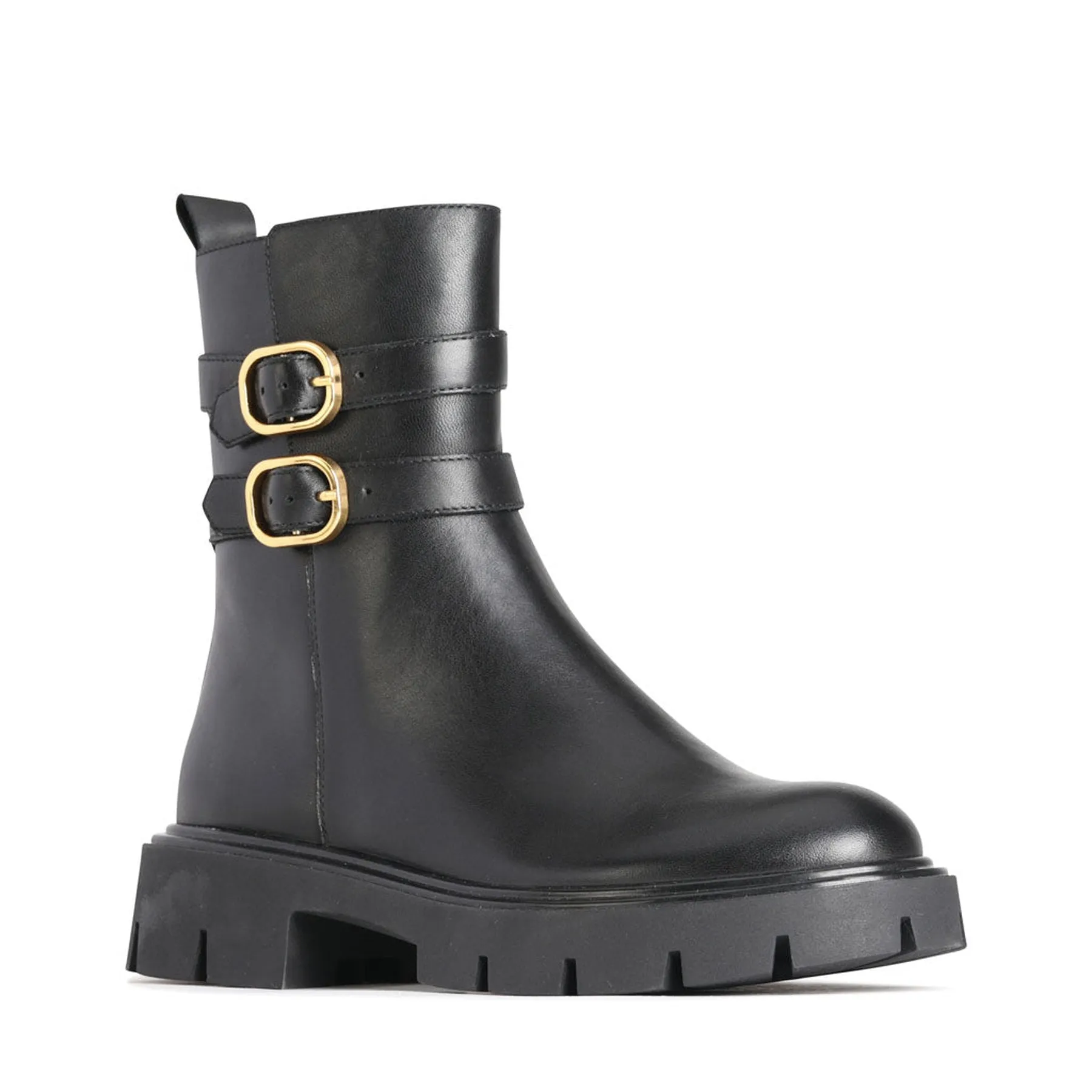 CAILY LEATHER DOUBLE BUCKLE MID BOOTS