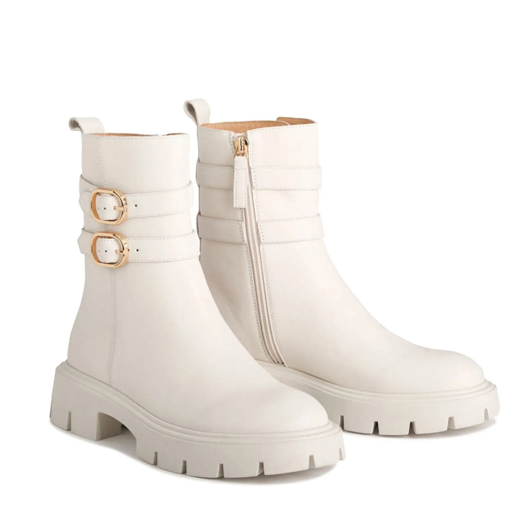 CAILY LEATHER DOUBLE BUCKLE MID BOOTS