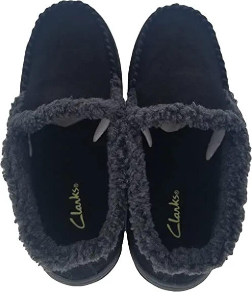 Clarks Indoor Outdoor Black House Slippers Suede Leather Sherpa Lined Ankle Bootie