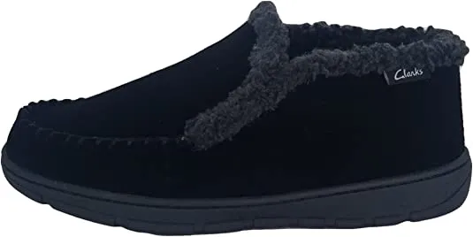 Clarks Indoor Outdoor Black House Slippers Suede Leather Sherpa Lined Ankle Bootie