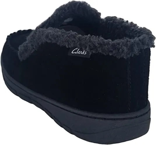 Clarks Indoor Outdoor Black House Slippers Suede Leather Sherpa Lined Ankle Bootie