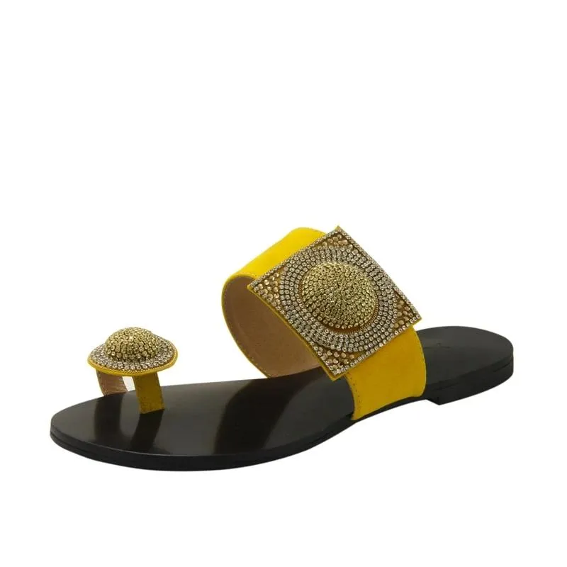 Designer Women Summer Shoes Flat Luxury Sandals  Rhinestone Ladies Leather Lace Up Sandals Slippers Shoes Woman Flip Flops