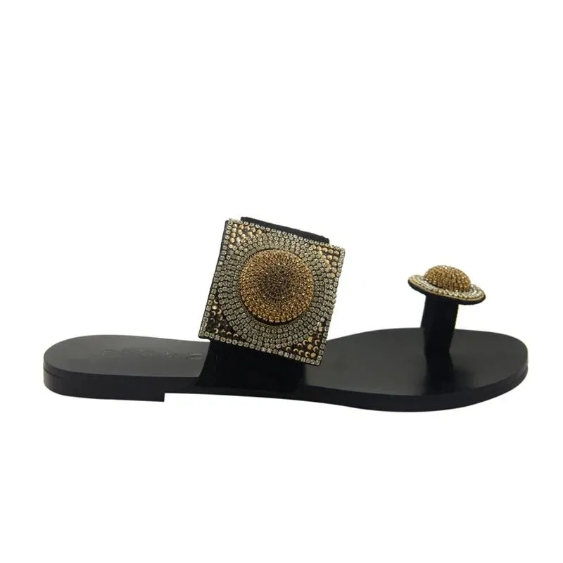 Designer Women Summer Shoes Flat Luxury Sandals  Rhinestone Ladies Leather Lace Up Sandals Slippers Shoes Woman Flip Flops