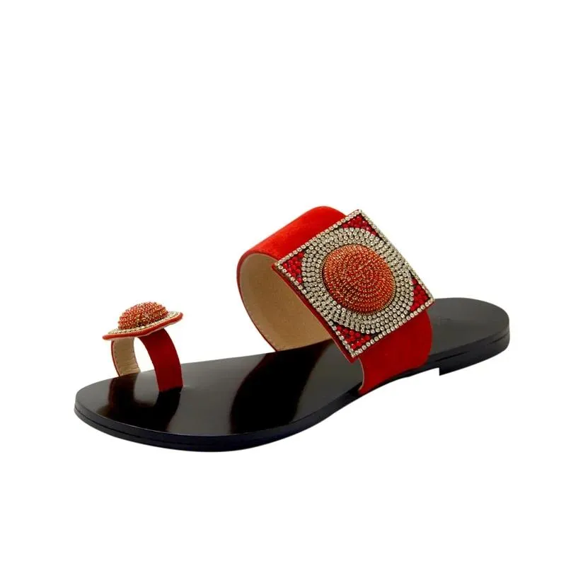 Designer Women Summer Shoes Flat Luxury Sandals  Rhinestone Ladies Leather Lace Up Sandals Slippers Shoes Woman Flip Flops