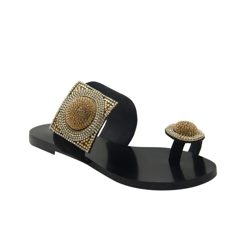 Designer Women Summer Shoes Flat Luxury Sandals  Rhinestone Ladies Leather Lace Up Sandals Slippers Shoes Woman Flip Flops