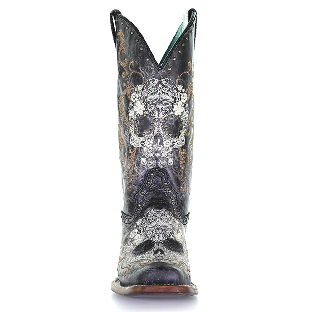 Floral Embroidered Studded Snip Toe Cowboy Boots