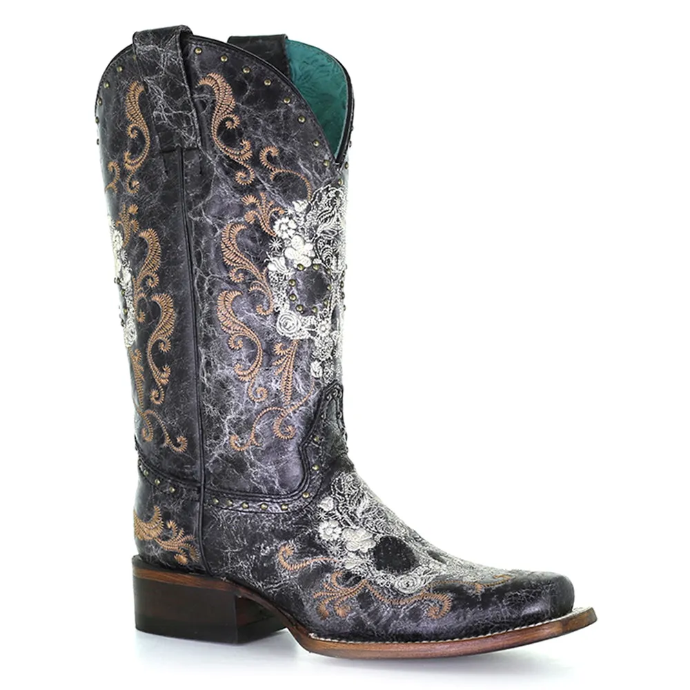 Floral Embroidered Studded Snip Toe Cowboy Boots