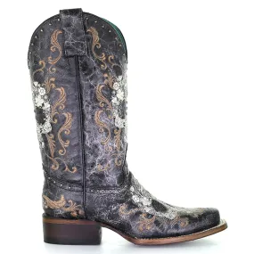 Floral Embroidered Studded Snip Toe Cowboy Boots