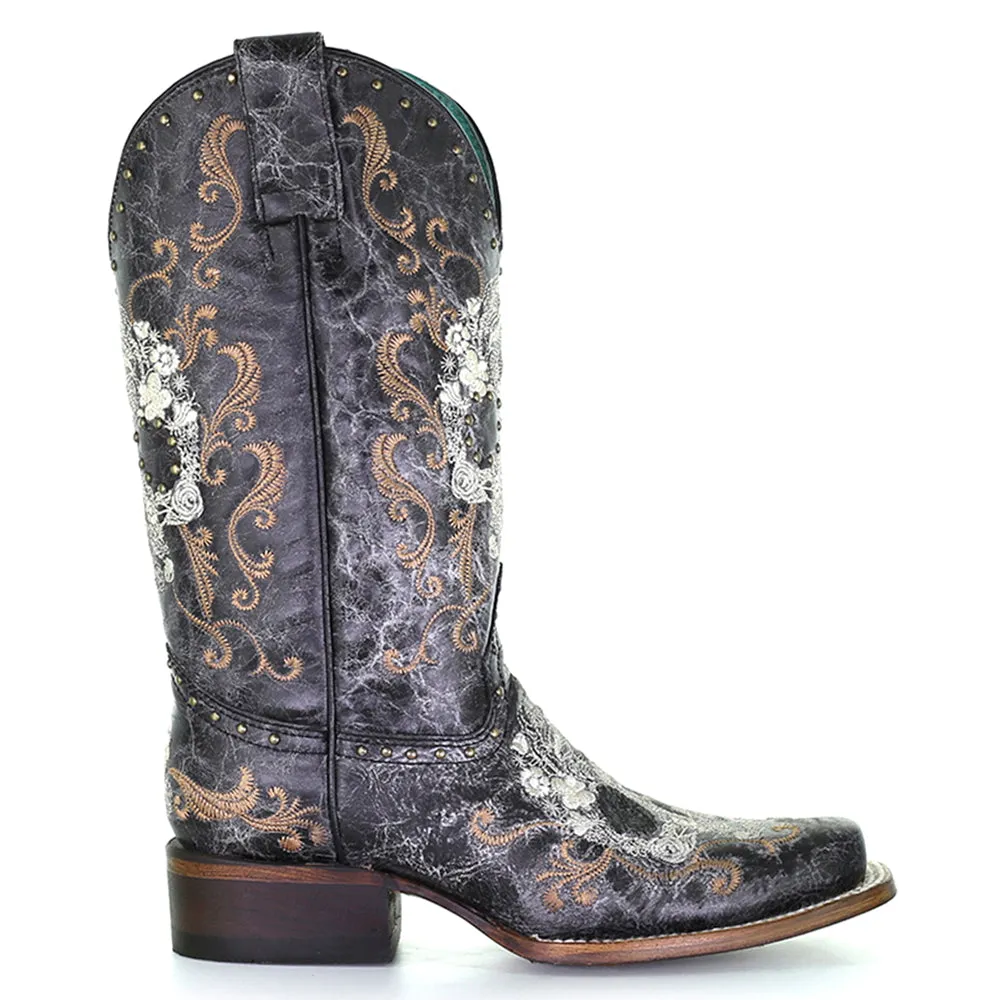 Floral Embroidered Studded Snip Toe Cowboy Boots