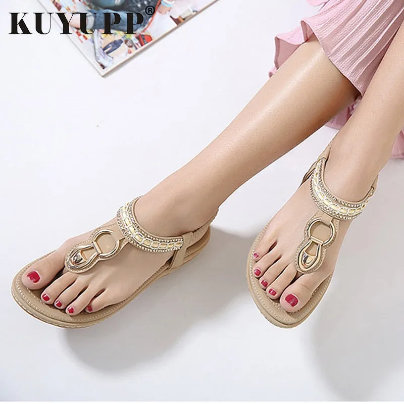 KUYUPP Fashion Leather Women Sandals Bohemian Diamond Slippers Woman Flats Flip Flops Shoes Summer Beach Sandals size10 YDT563
