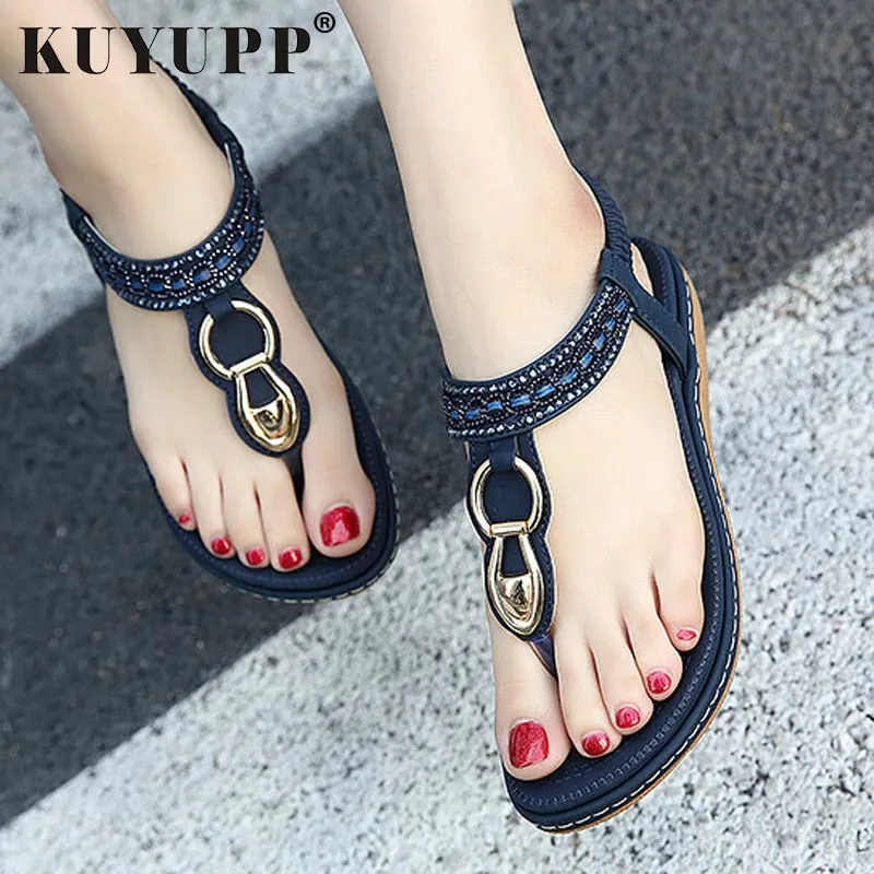 KUYUPP Fashion Leather Women Sandals Bohemian Diamond Slippers Woman Flats Flip Flops Shoes Summer Beach Sandals size10 YDT563