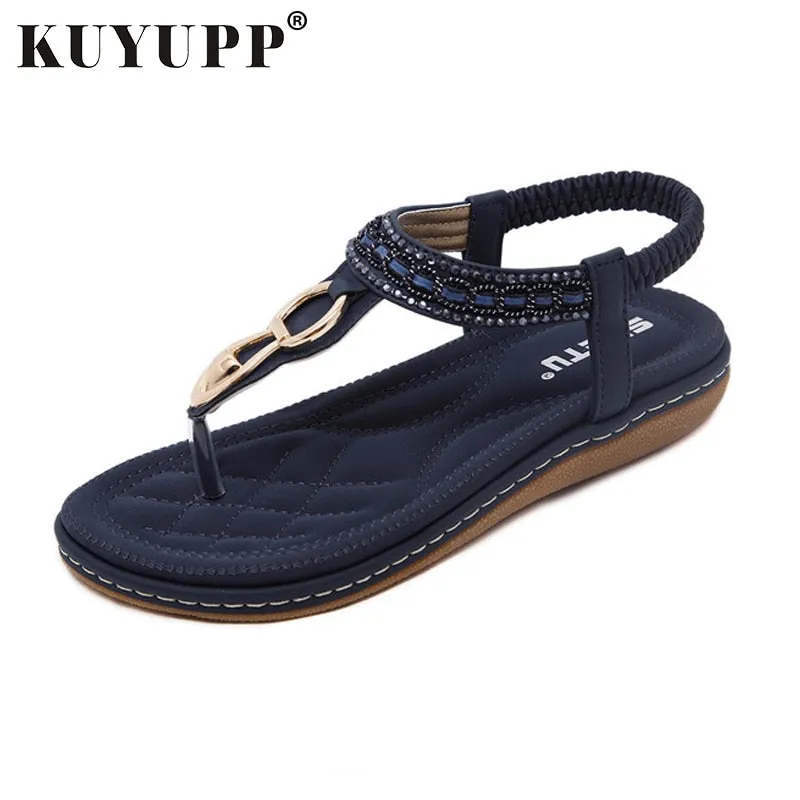 KUYUPP Fashion Leather Women Sandals Bohemian Diamond Slippers Woman Flats Flip Flops Shoes Summer Beach Sandals size10 YDT563