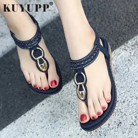 KUYUPP Fashion Leather Women Sandals Bohemian Diamond Slippers Woman Flats Flip Flops Shoes Summer Beach Sandals size10 YDT563