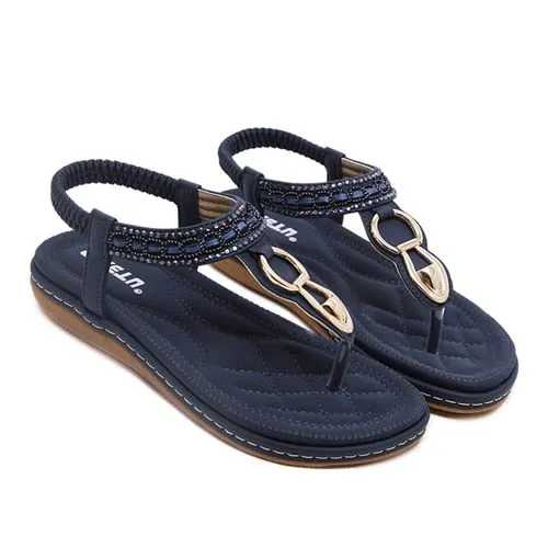 KUYUPP Fashion Leather Women Sandals Bohemian Diamond Slippers Woman Flats Flip Flops Shoes Summer Beach Sandals size10 YDT563