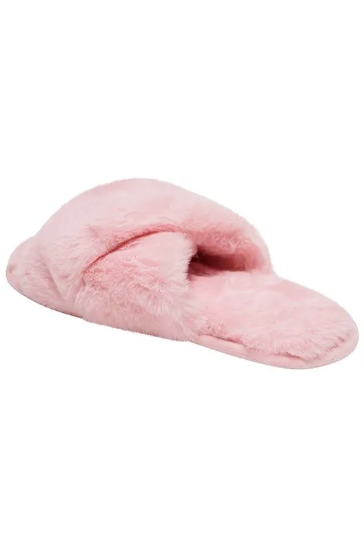 Loungeable Glamorous Soft Pink Faux Fur Peeptoe Mule Slippers Hard Sole