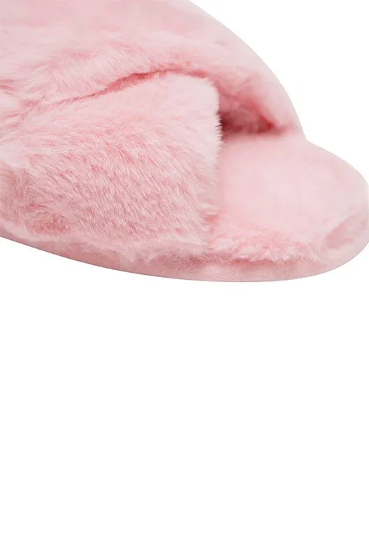 Loungeable Glamorous Soft Pink Faux Fur Peeptoe Mule Slippers Hard Sole