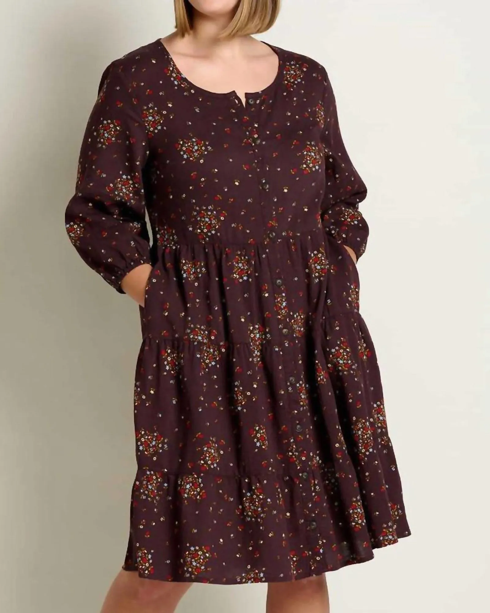 Manzana Tiered Long Sleeve Dress In Carob Floral Print | Carob Floral Print