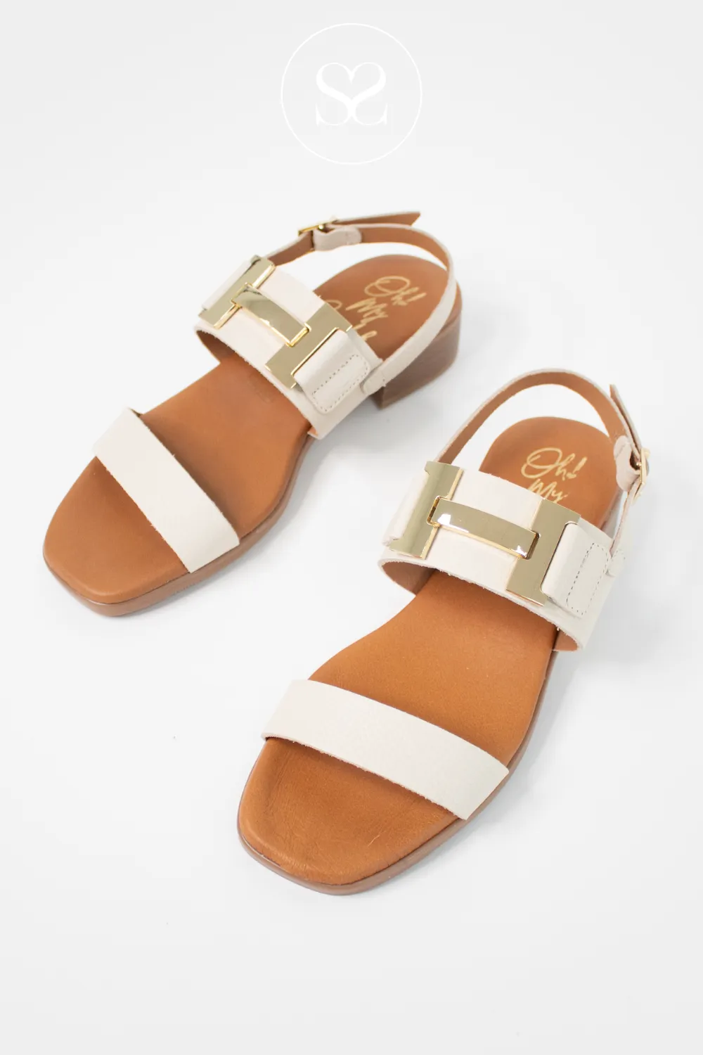 OH MY SANDALS 5606 CREAM LEATHER BLOCK HEEL SANDALS