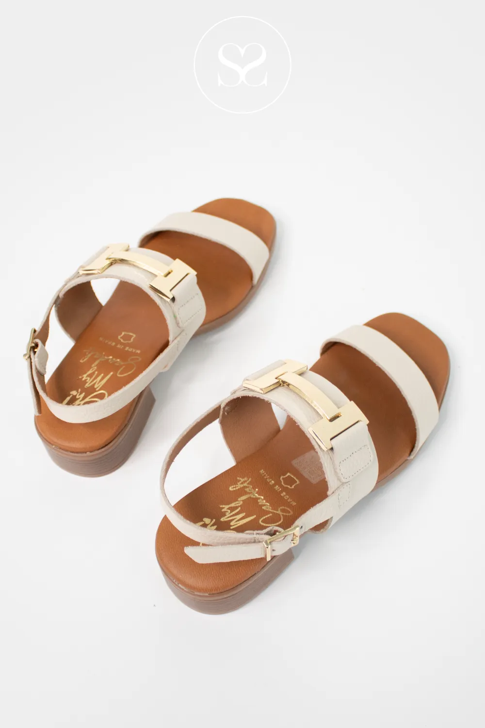 OH MY SANDALS 5606 CREAM LEATHER BLOCK HEEL SANDALS