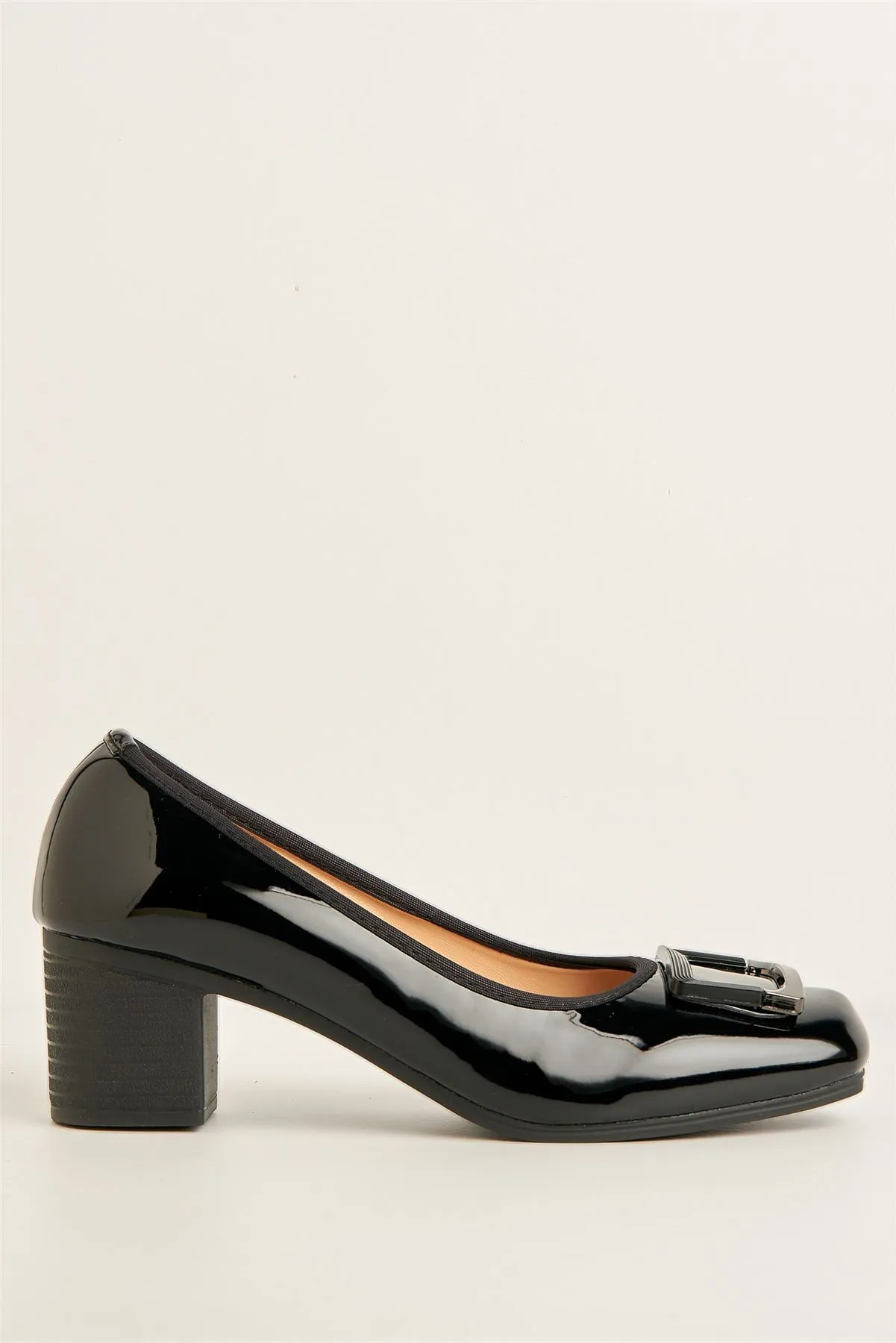 Pat Square Brooche Detail Low Heel Court Shoes in Black