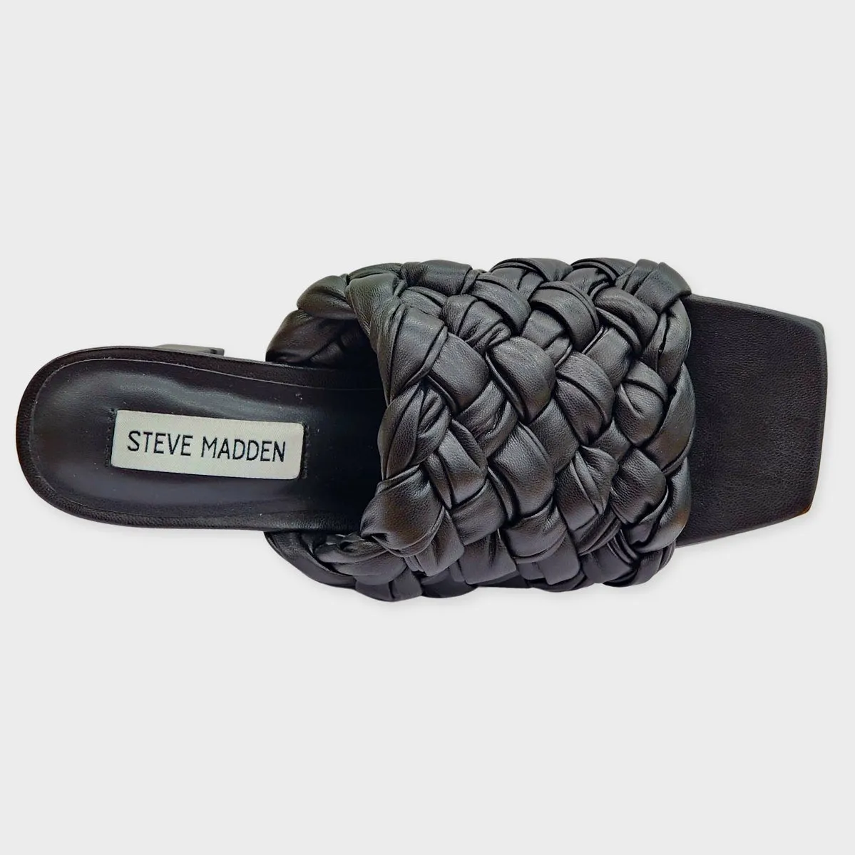 Steve Madden Braid Black Fashiion Slip On Block Mid Heel Open Toe Heeled Sandals