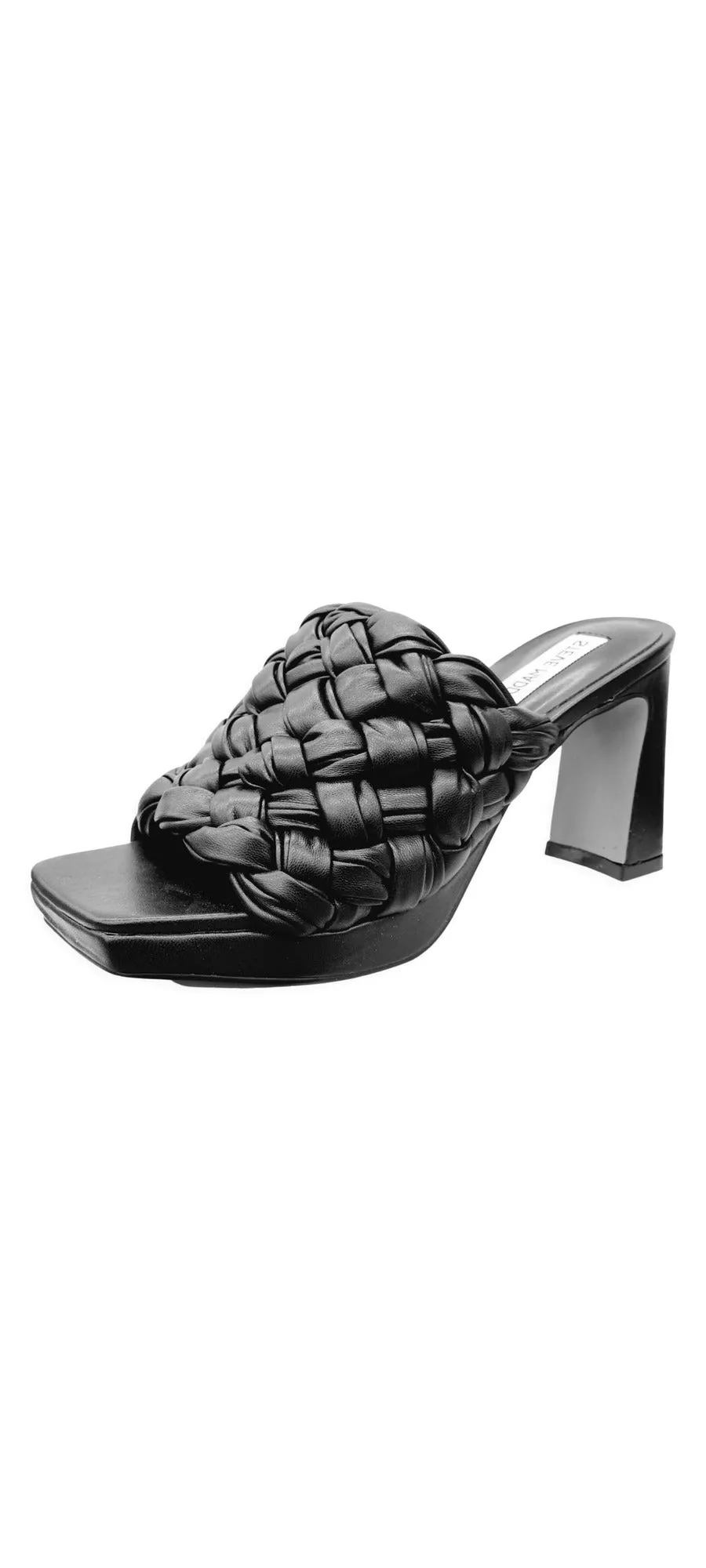 Steve Madden Braid Black Fashiion Slip On Block Mid Heel Open Toe Heeled Sandals