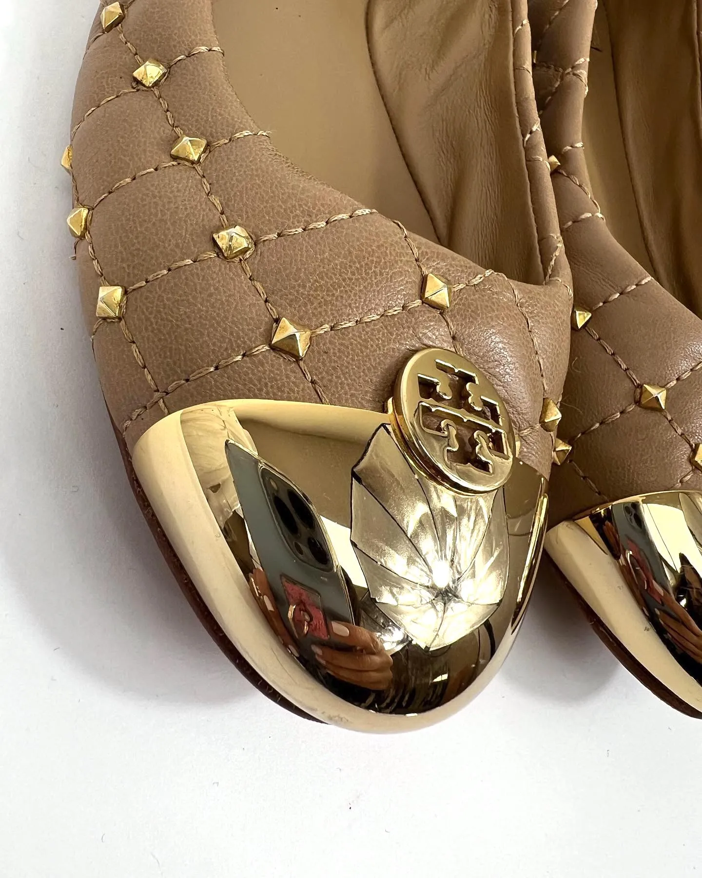 TORY BURCH QUILTED STUDDED LEATHER KAITLIN BALLET FLATS