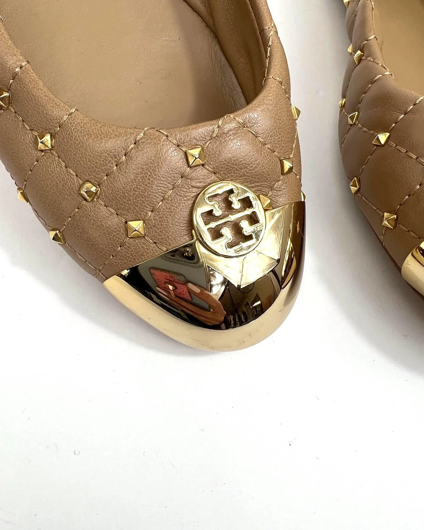 TORY BURCH QUILTED STUDDED LEATHER KAITLIN BALLET FLATS