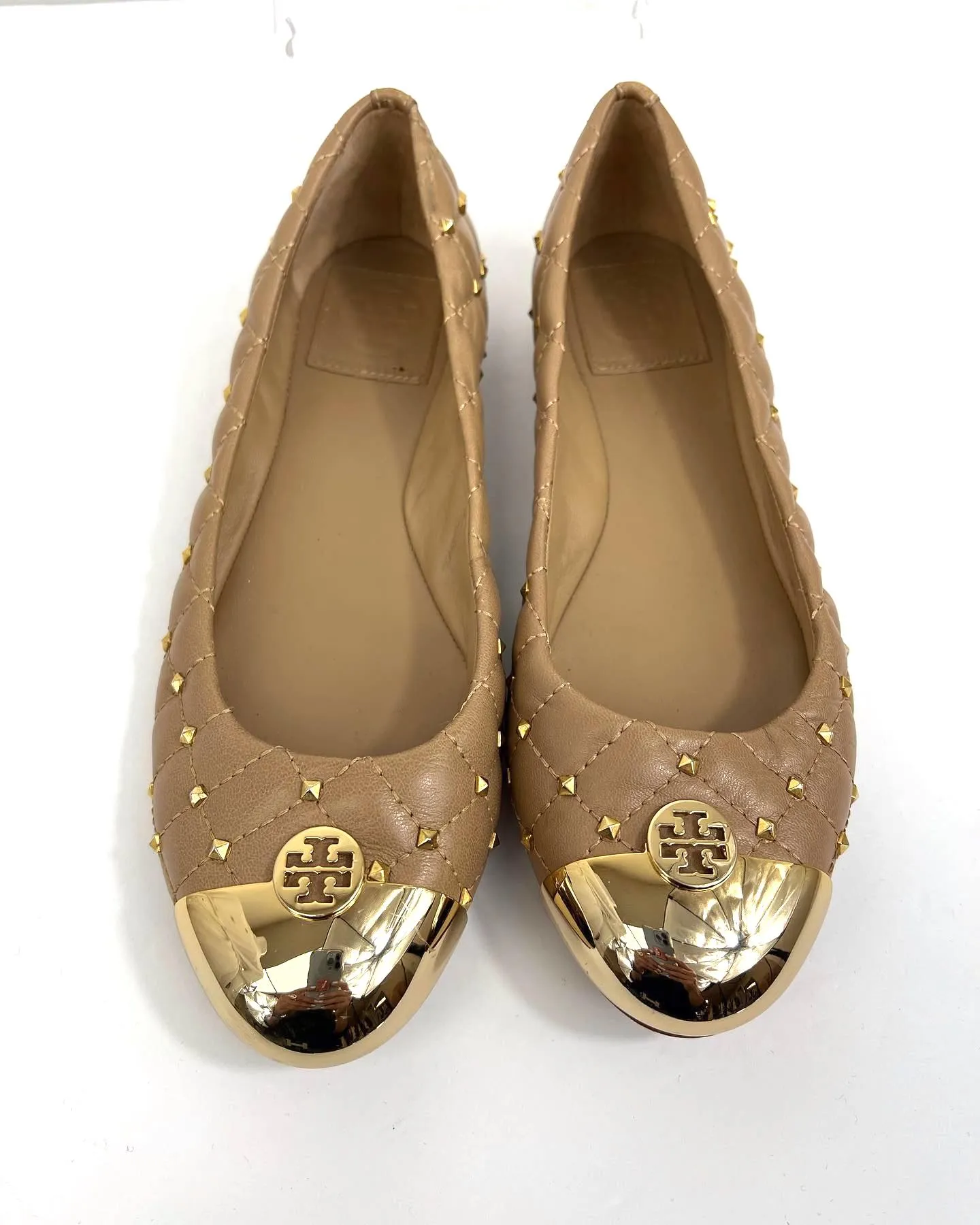 TORY BURCH QUILTED STUDDED LEATHER KAITLIN BALLET FLATS