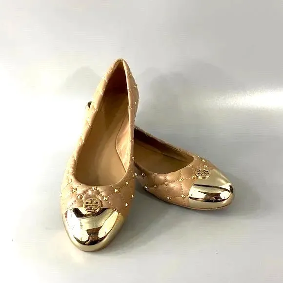 TORY BURCH QUILTED STUDDED LEATHER KAITLIN BALLET FLATS