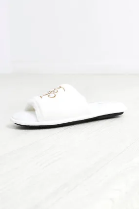 WHITE FAUX FUR OPEN TOE EMBROIDERED SLIPPERS