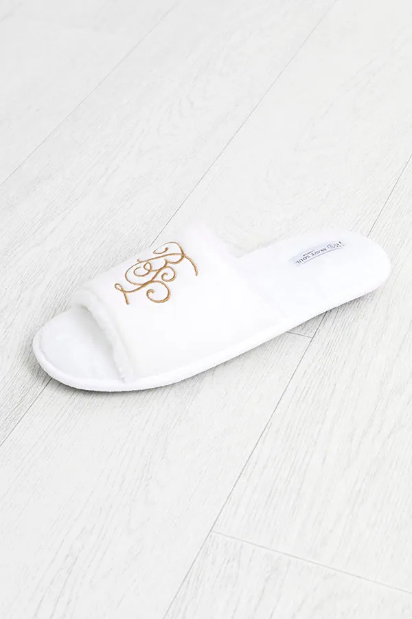 WHITE FAUX FUR OPEN TOE EMBROIDERED SLIPPERS