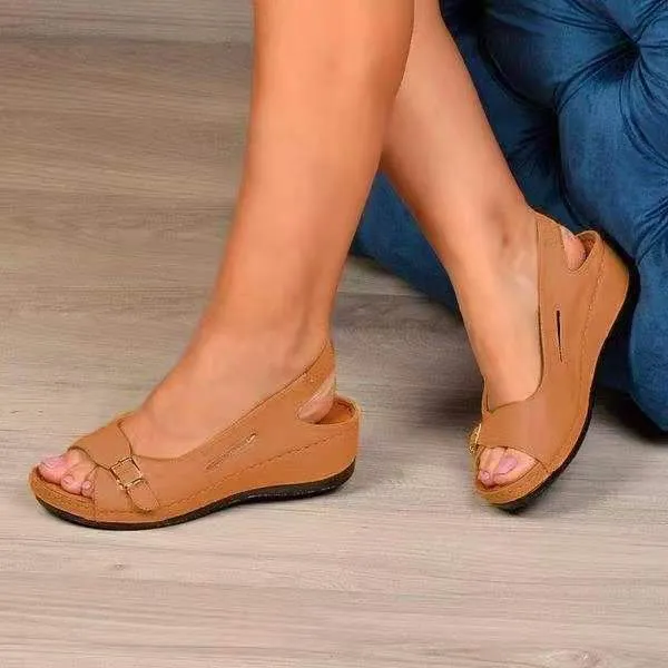 Women's peep toe low wedge slingback sandals adjustable buckle arch support sandals