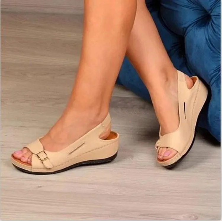 Women's peep toe low wedge slingback sandals adjustable buckle arch support sandals