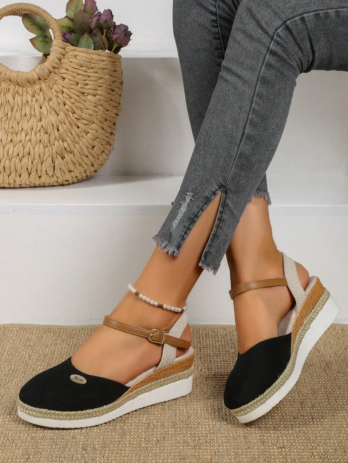 Women's Plus Size Faux Suede Color Block Round Toe Espadrilles With Elegant Wedge Heels & Thick Soles