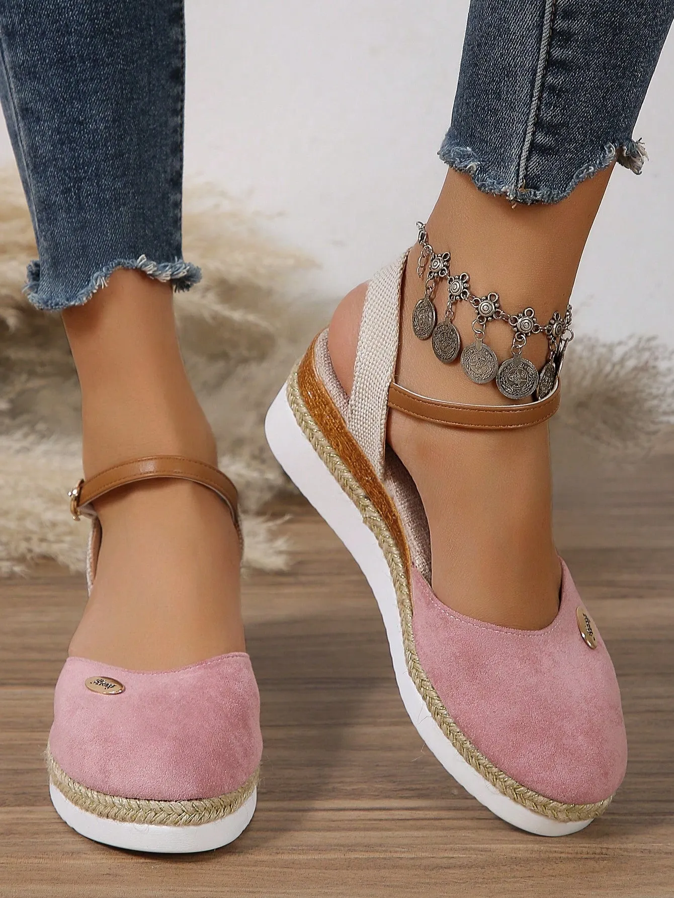 Women's Plus Size Faux Suede Color Block Round Toe Espadrilles With Elegant Wedge Heels & Thick Soles