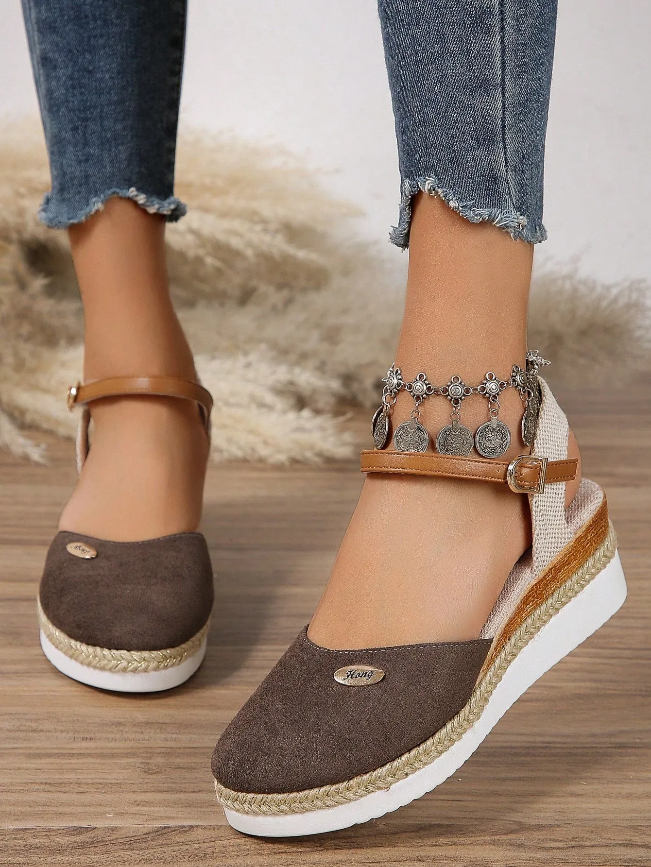 Women's Plus Size Faux Suede Color Block Round Toe Espadrilles With Elegant Wedge Heels & Thick Soles