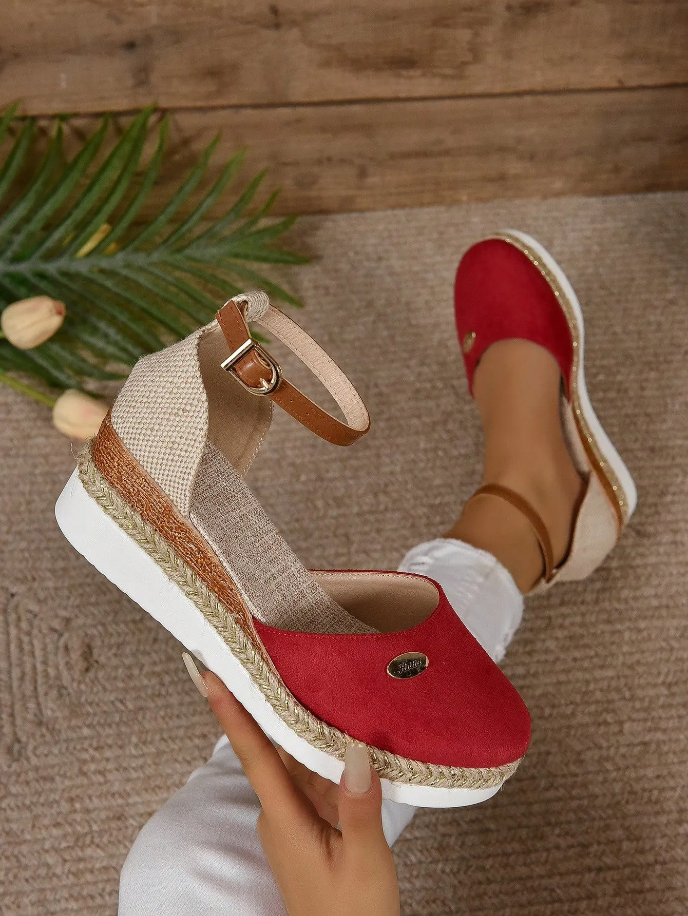 Women's Plus Size Faux Suede Color Block Round Toe Espadrilles With Elegant Wedge Heels & Thick Soles