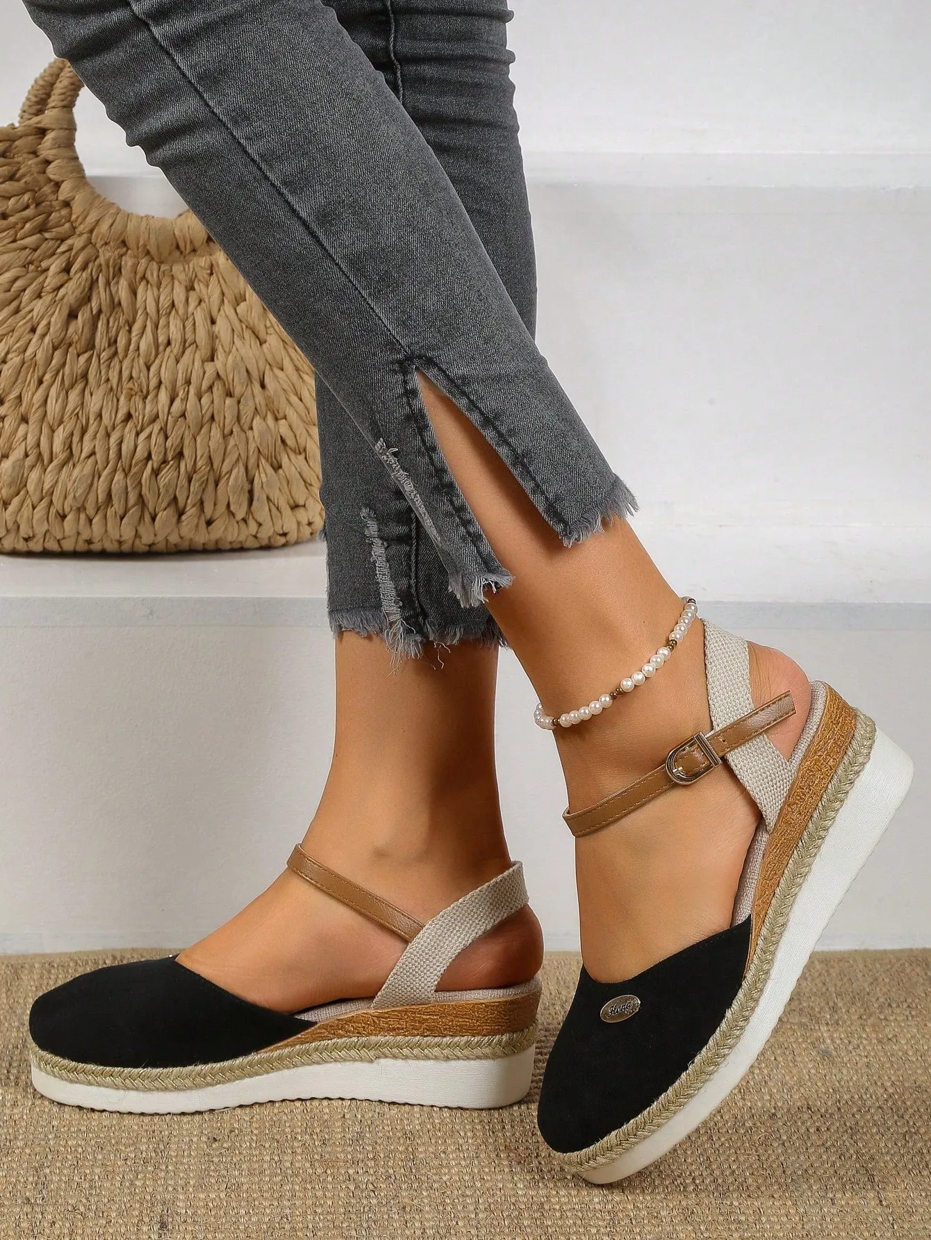 Women's Plus Size Faux Suede Color Block Round Toe Espadrilles With Elegant Wedge Heels & Thick Soles