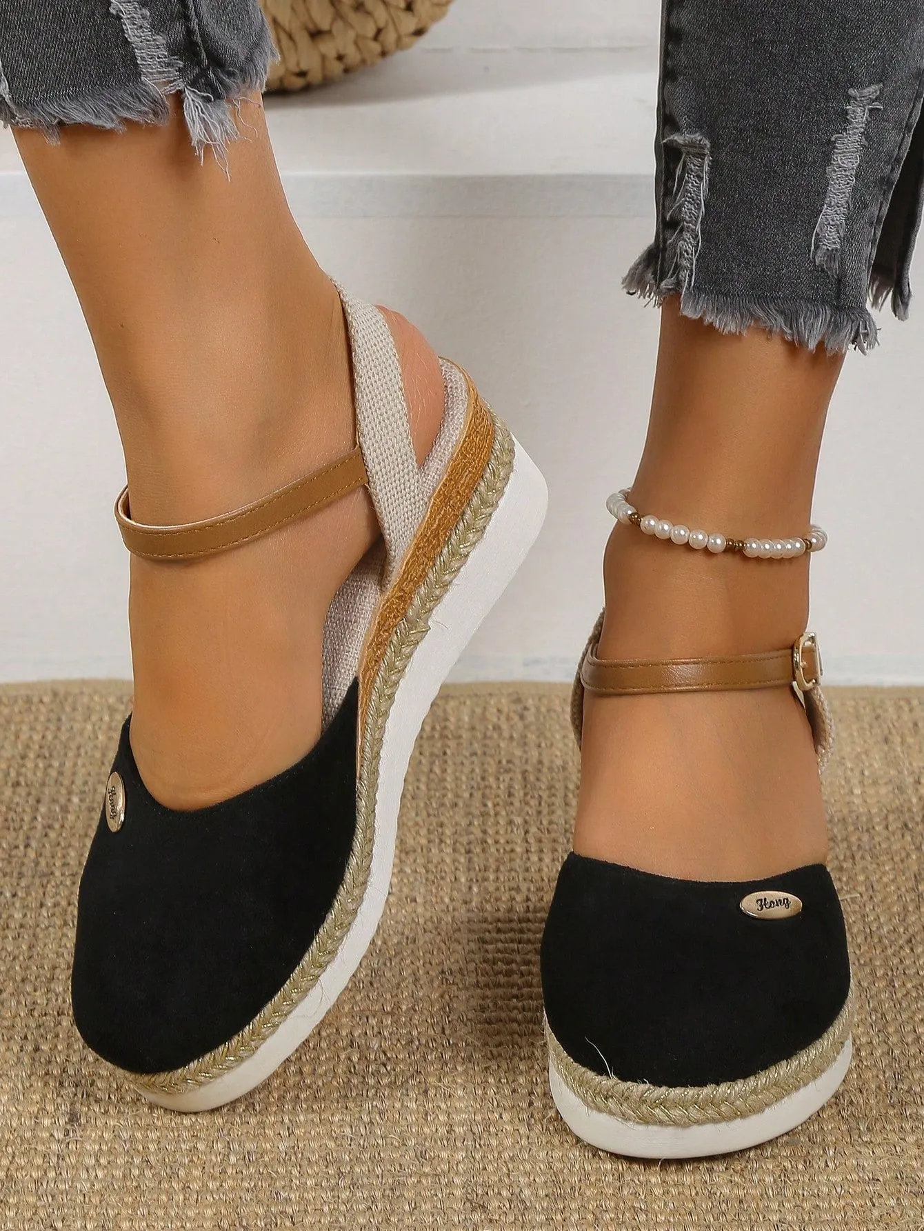 Women's Plus Size Faux Suede Color Block Round Toe Espadrilles With Elegant Wedge Heels & Thick Soles