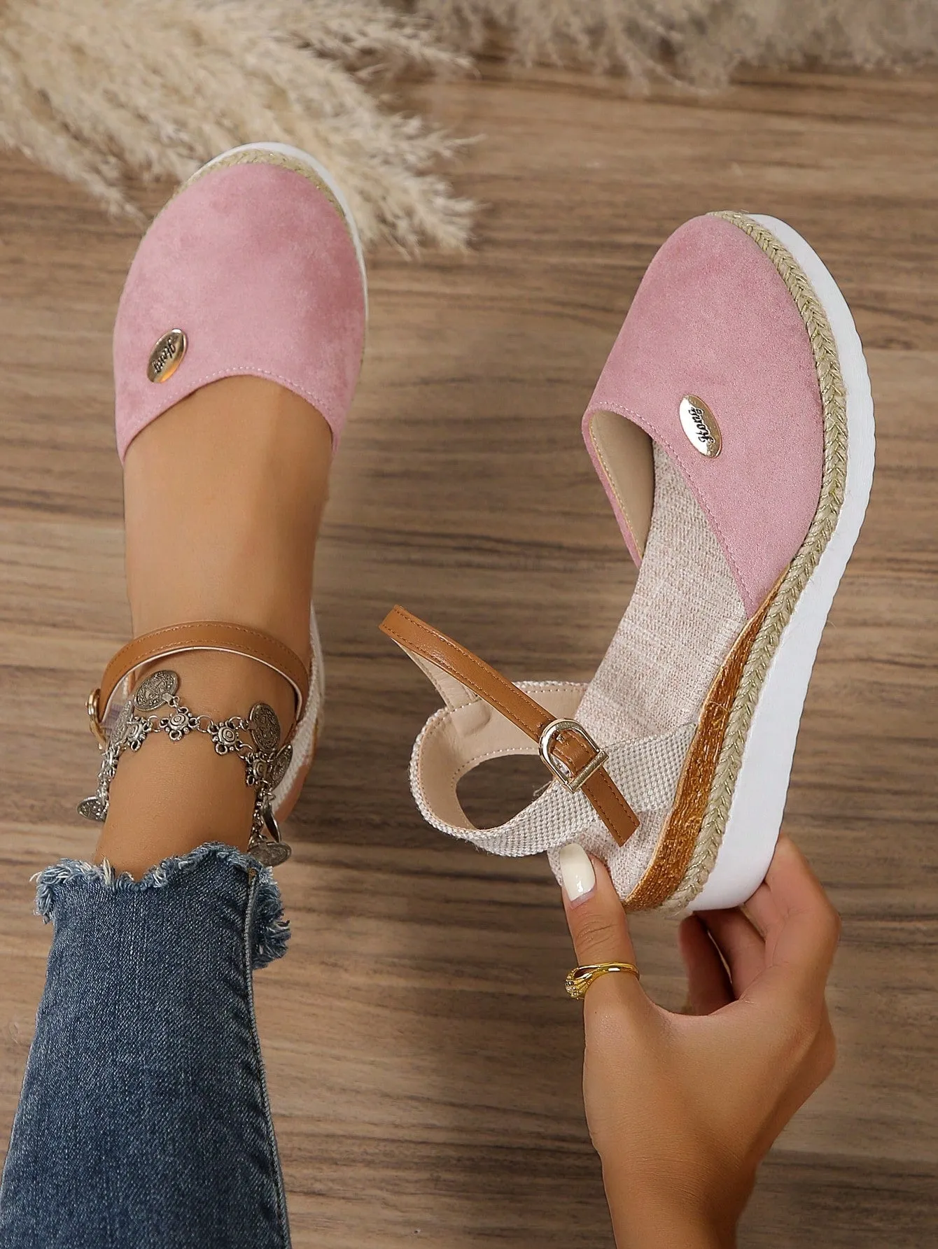 Women's Plus Size Faux Suede Color Block Round Toe Espadrilles With Elegant Wedge Heels & Thick Soles