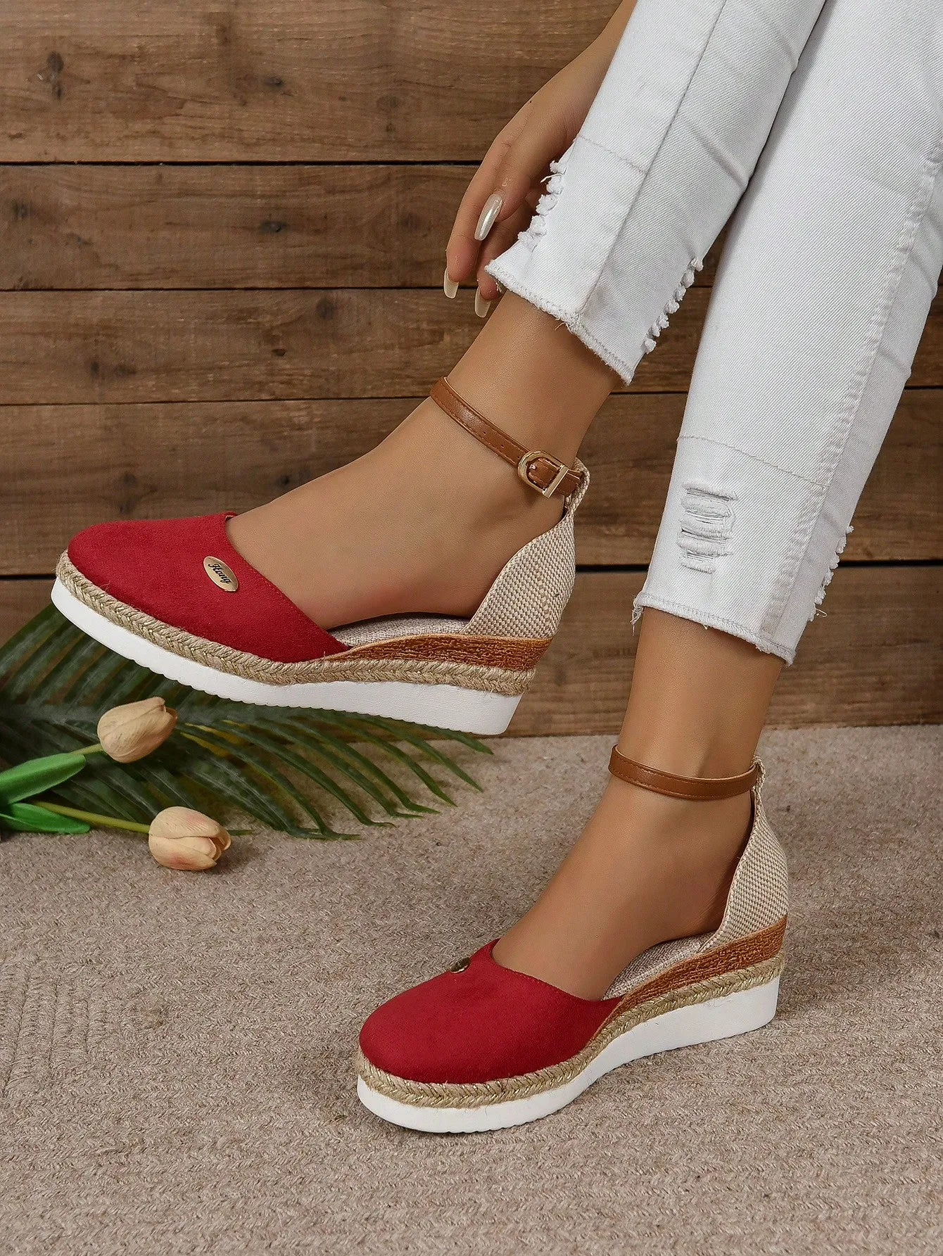 Women's Plus Size Faux Suede Color Block Round Toe Espadrilles With Elegant Wedge Heels & Thick Soles