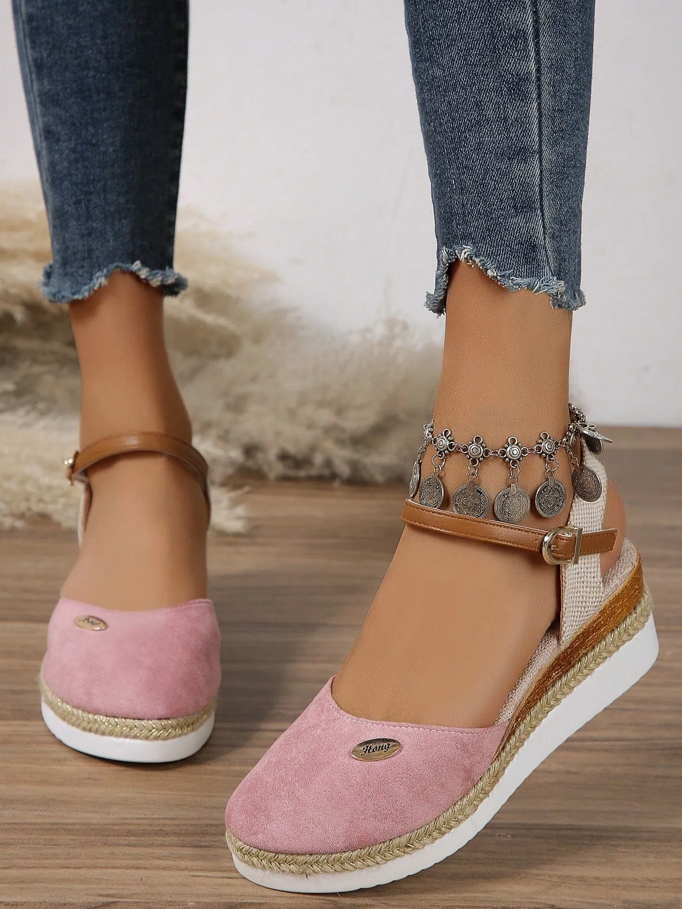 Women's Plus Size Faux Suede Color Block Round Toe Espadrilles With Elegant Wedge Heels & Thick Soles