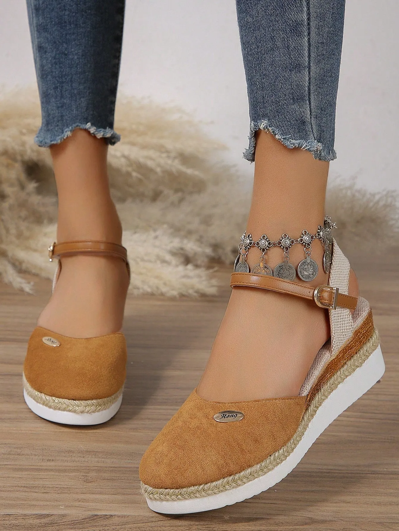 Women's Plus Size Faux Suede Color Block Round Toe Espadrilles With Elegant Wedge Heels & Thick Soles