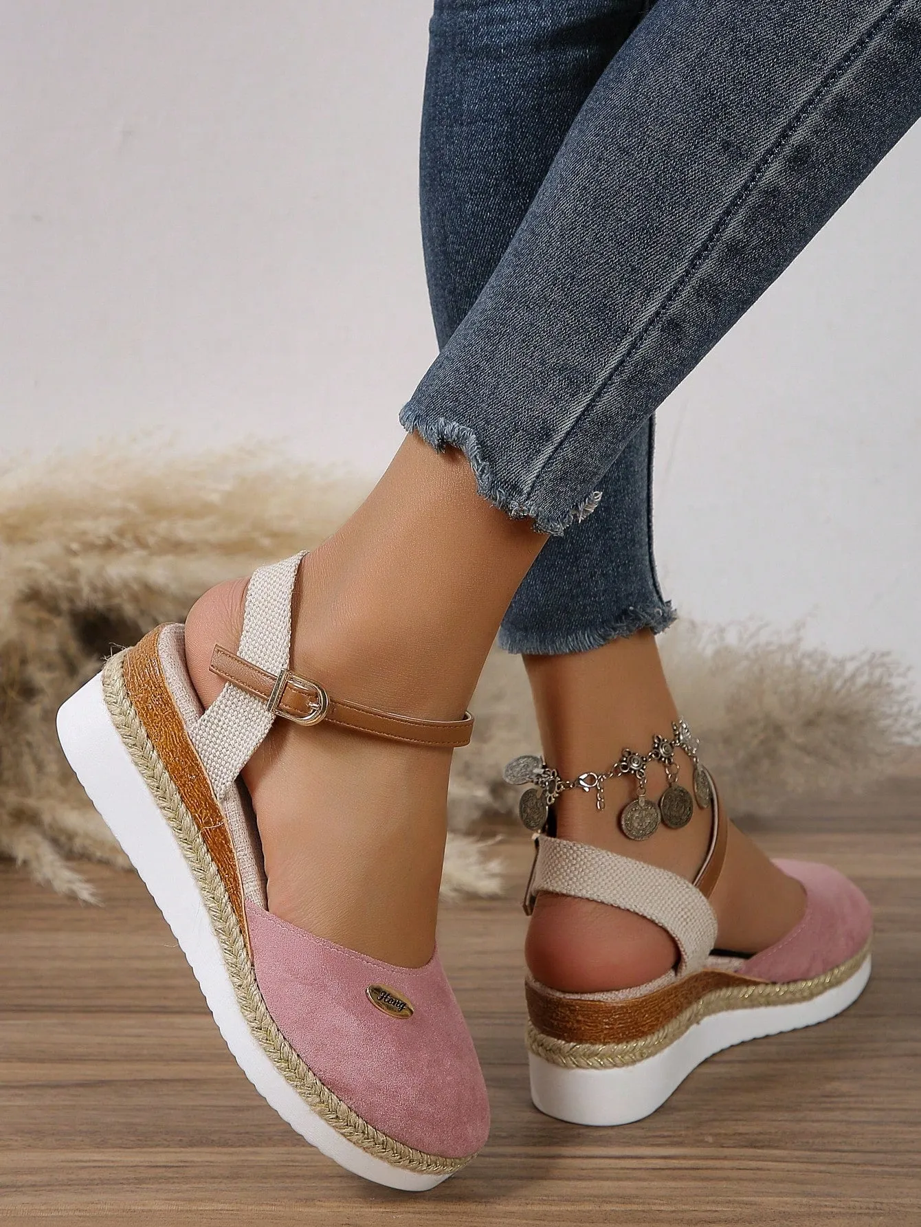 Women's Plus Size Faux Suede Color Block Round Toe Espadrilles With Elegant Wedge Heels & Thick Soles